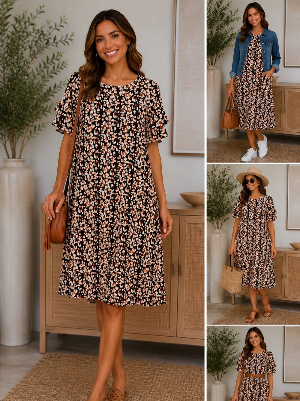 Size Large New Directions Black & Cream Abstract Print Ruffle Sleeve Dress